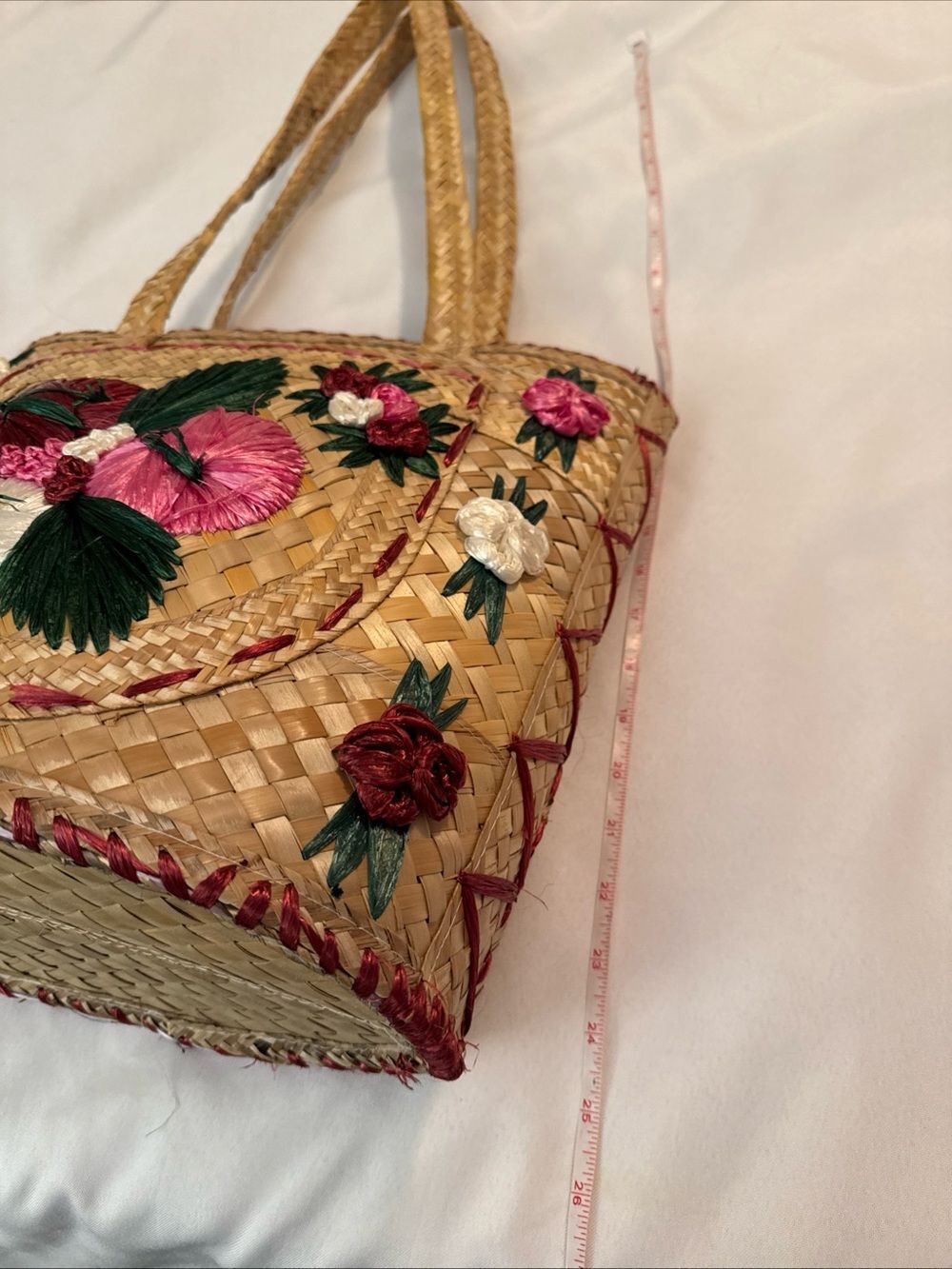 Straw Tote with Pink, Green & White Floral Embroidery - Picture 6 of 11